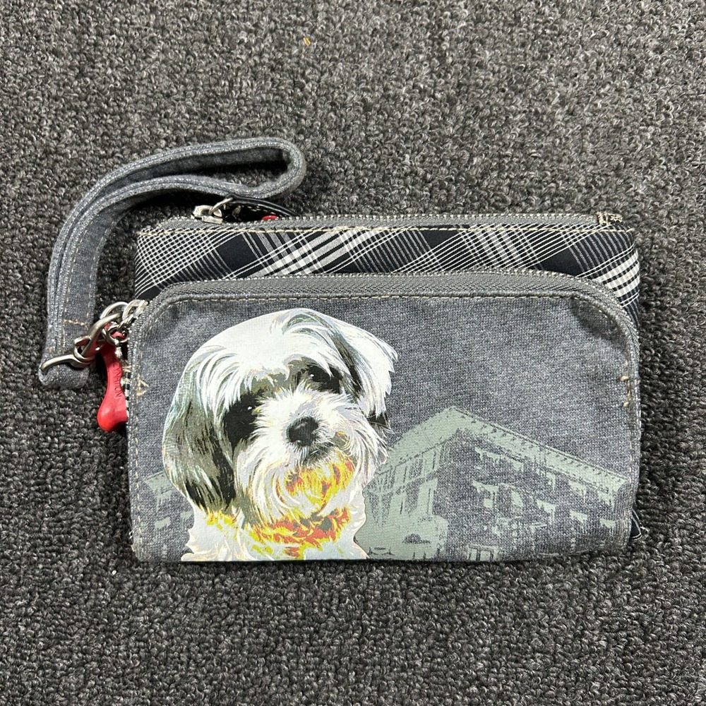 Fuzzy Nation Wristlet Wallet Women Gray Denim Shih Tzu Dog Plaid Y2K Excellent